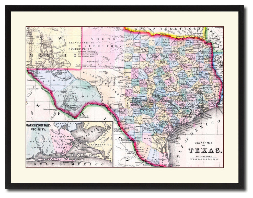 Texas Vintage Map Print On Canvas With Picture Frame 28" X 37"
