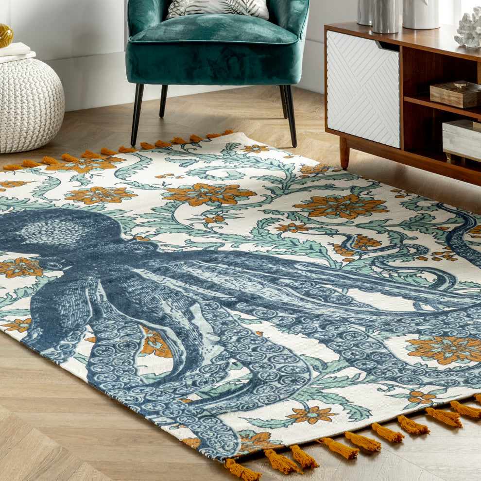 Nuloom Flatweave Cotton Giant Octopus Area Rug, Blue Multicolor 4'x6'