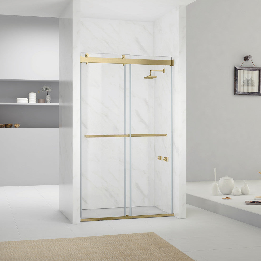 Spezia Double Sliding Frameless Shower Door, Brushed Gold, 48" W X 76" H
