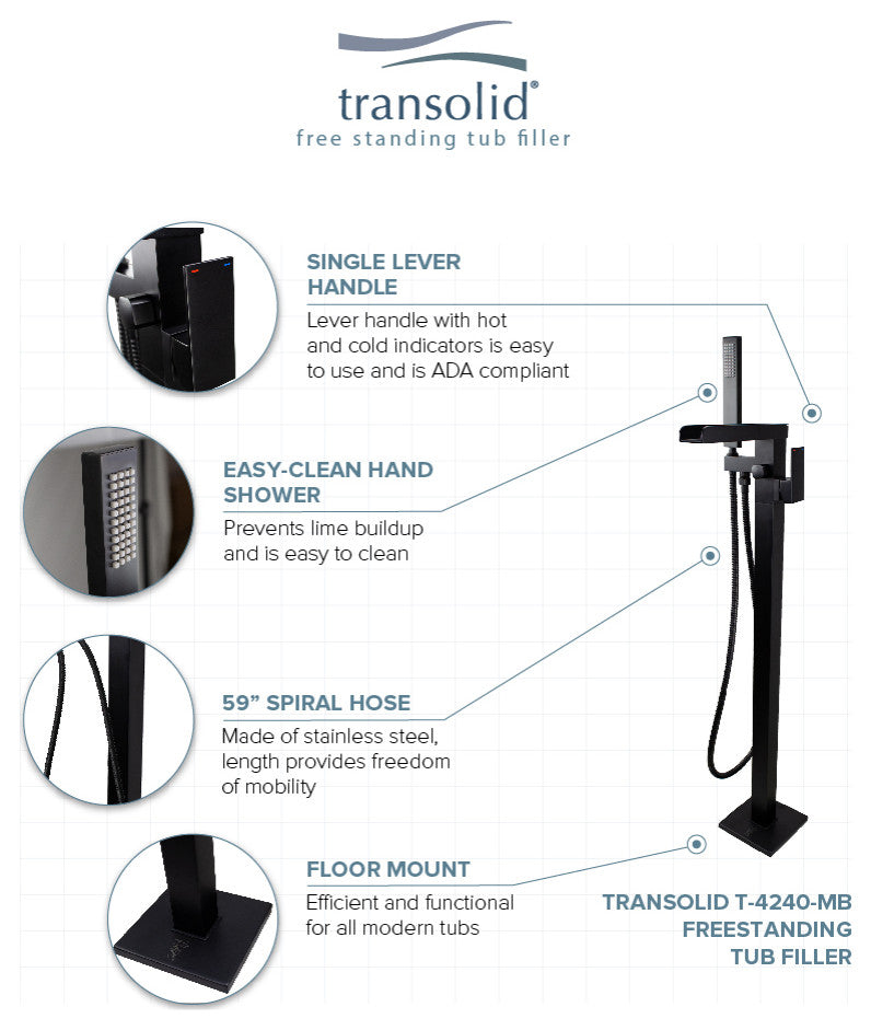 Transolid Roslyn Floor Mounted Tub Filler with Hand Shower, Matte Black