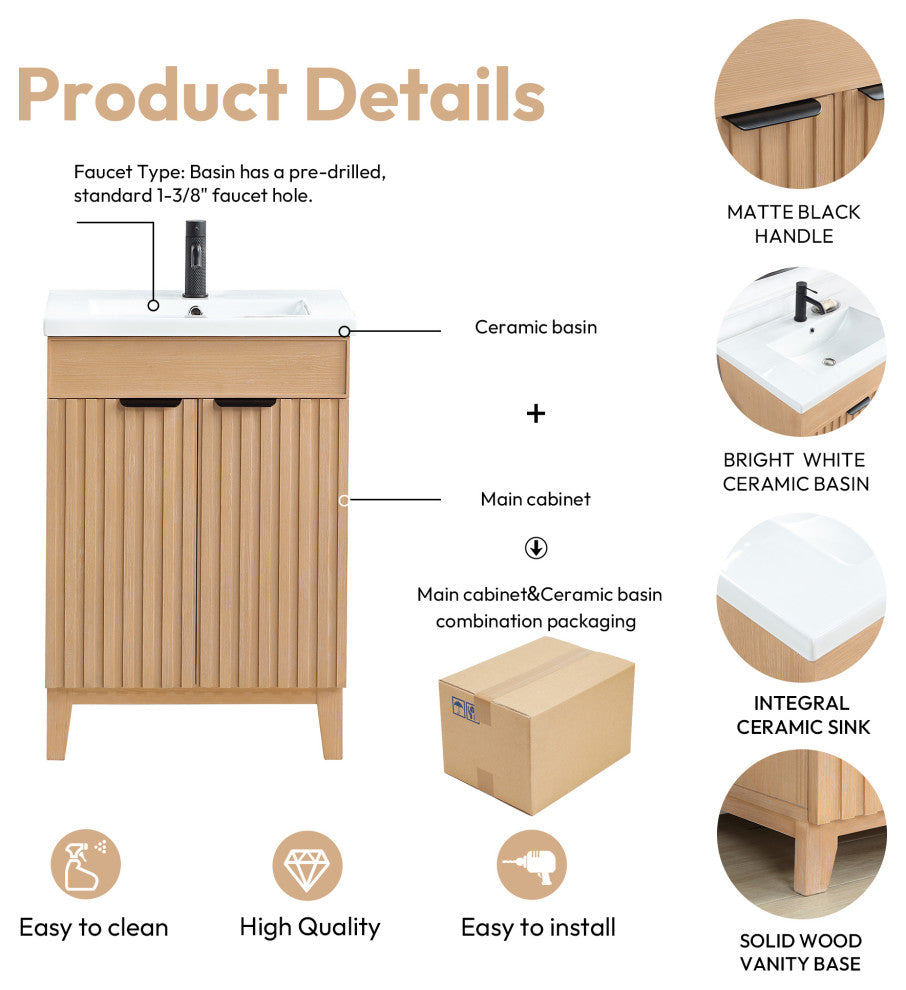 Palos Bathroom Vanity, Fir Wood Brown, 24", Ceramic Top, No Mirror