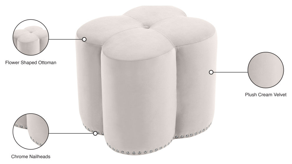 Clover Velvet Upholstered Ottoman, Cream, 19" W x 17" D