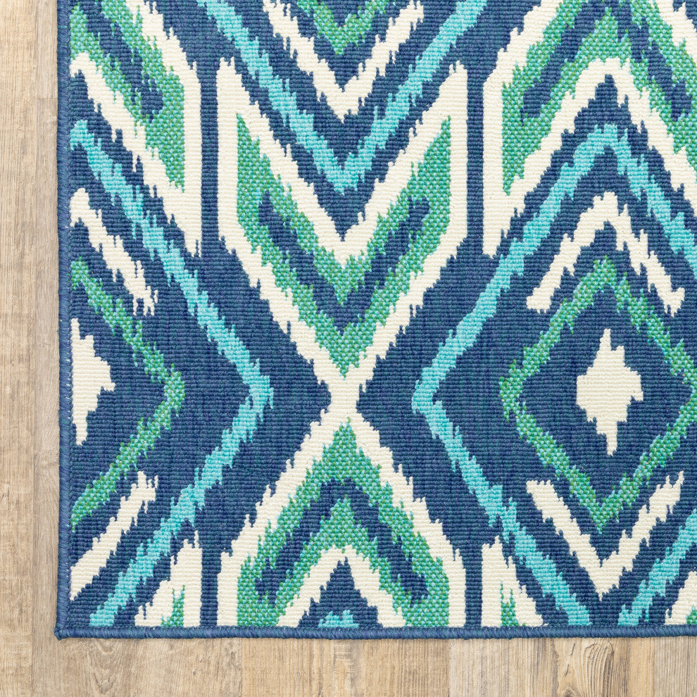 Madelina Ikat Diamonds Navy and Green Indoor or Outdoor Area Rug, 8'6"x13'