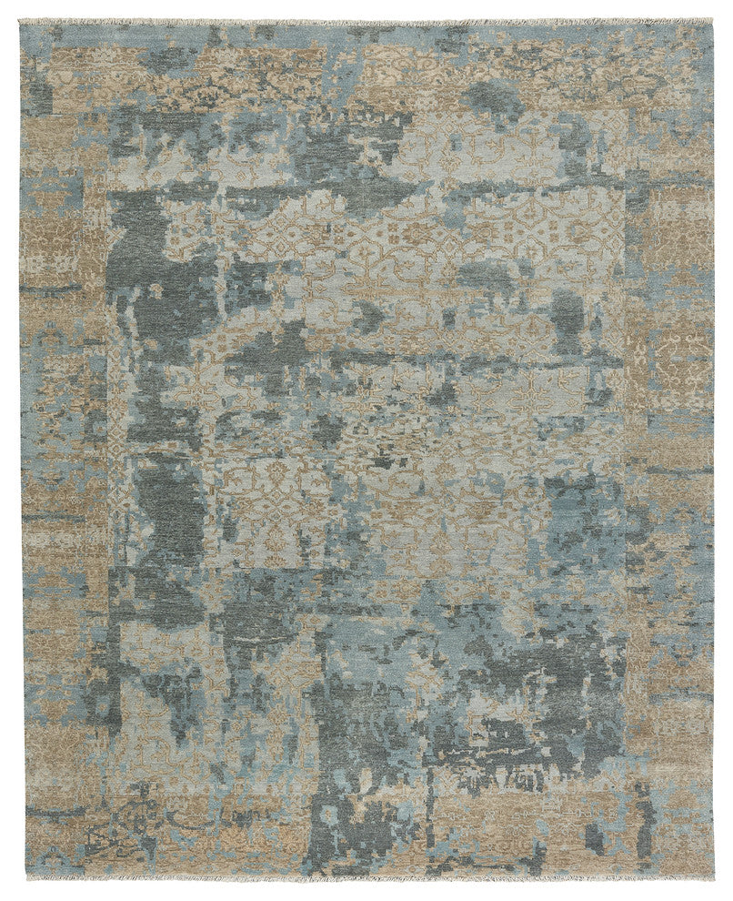 Ellerbe Rectangle Hand Knotted Rug, Tan Blue, 5'x8'