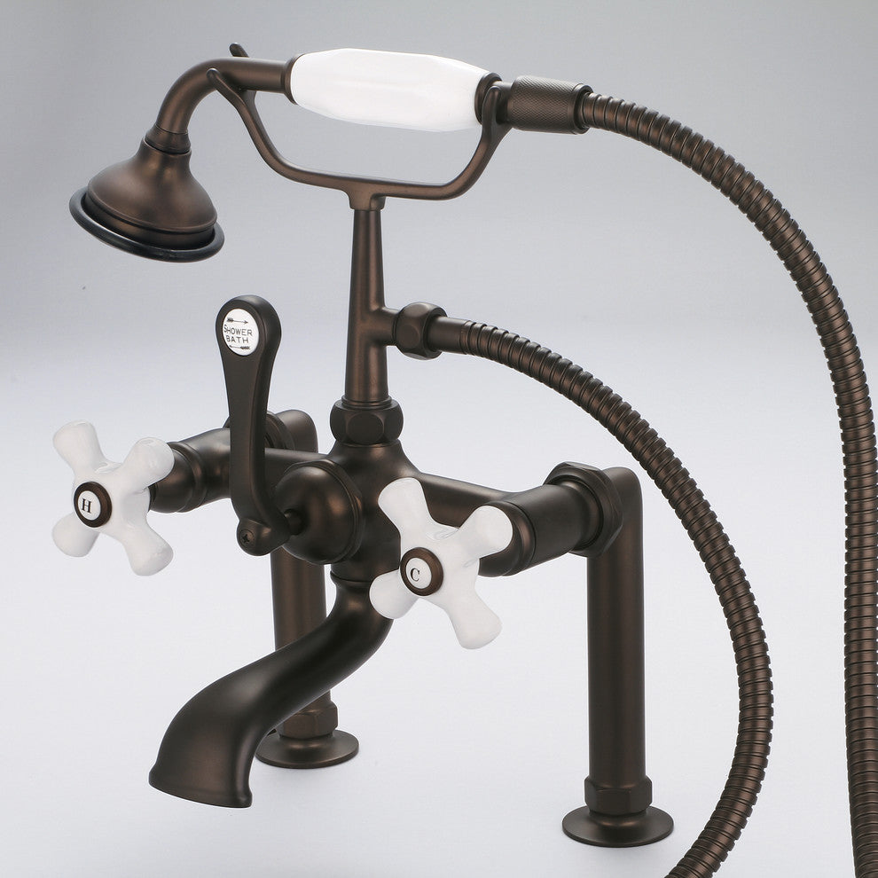 Vintage 7" Spread Deck Mount Tub Faucet w/6" Risers & Handshower, Cross handles