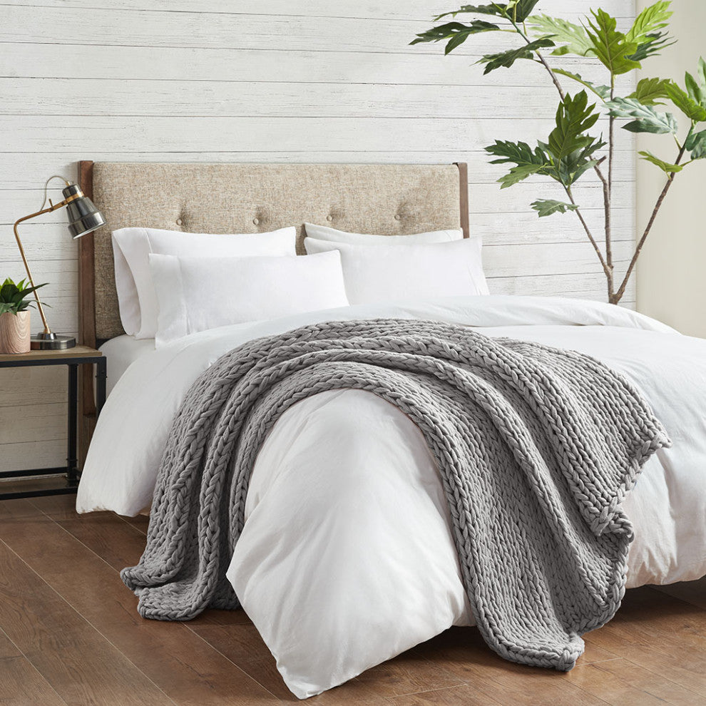 Madison Park Chunky Double Knit Handmade Throw Blanket, Blush, Light Grey