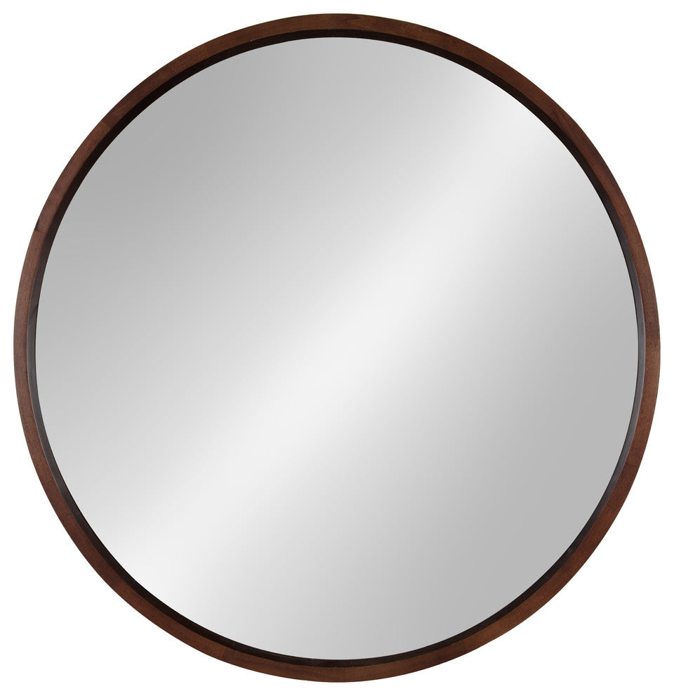 Hutton Round Decorative Wood Framed Wall Mirror, Walnut Brown, 30 Diameter