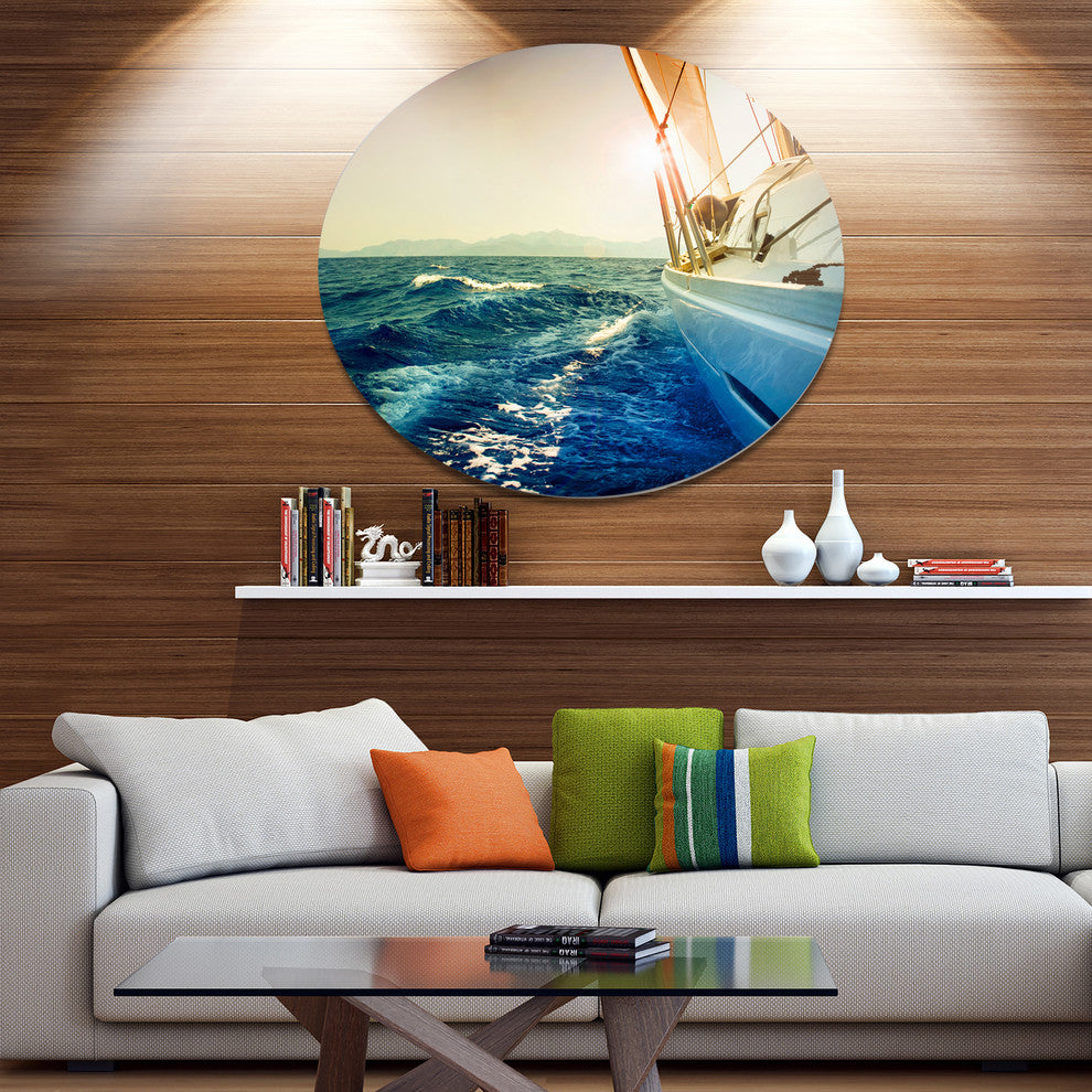 Sepia-Toned Yacht Sailing In Sea, Seashore Round Wall Art, 23"