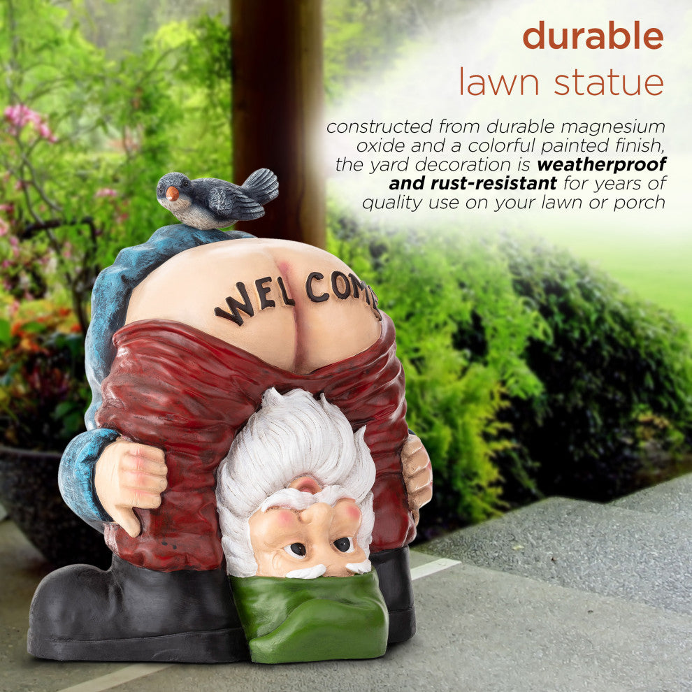 22" Tall Mooning "Welcome" Outdoor Garden Gnome with Bird Yard Statue Decoration