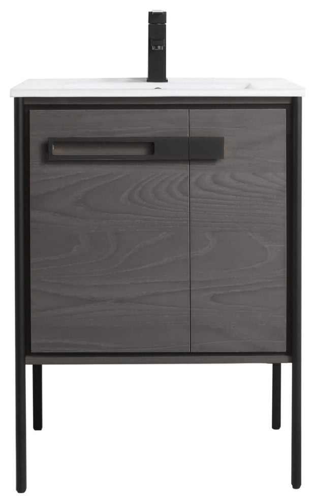 Oakville Bath Vanity, Ceramic Sink, Black Coal Oak, 24 Inch, Black Hardware