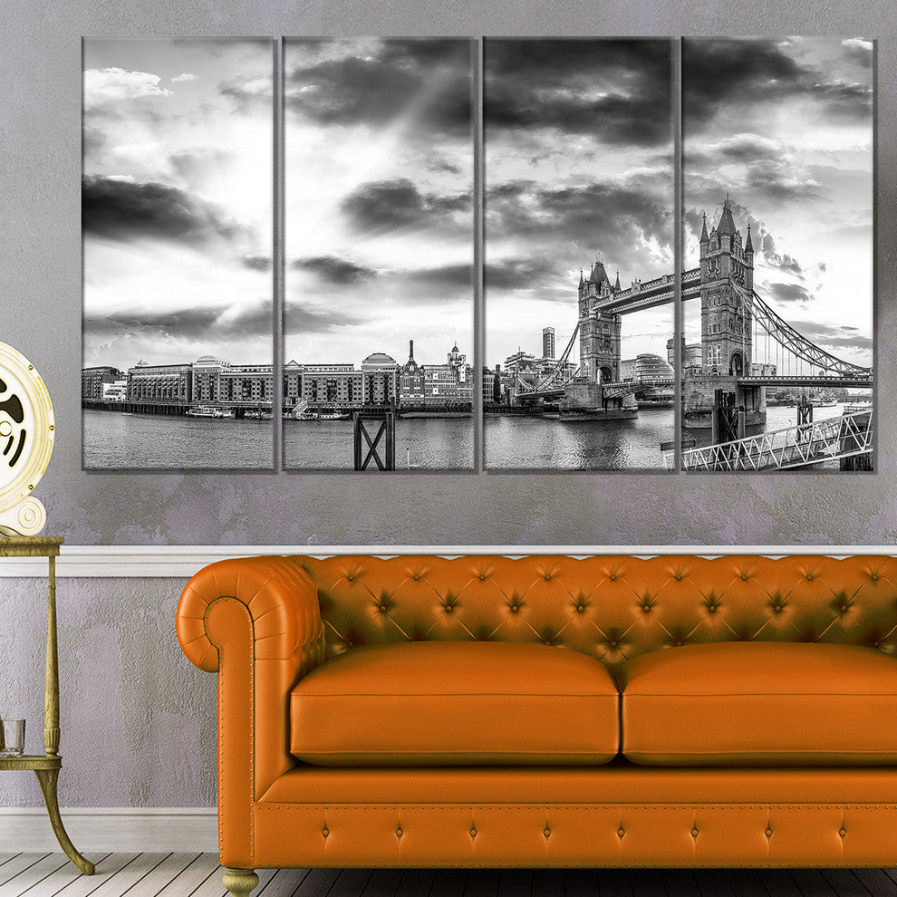 "Black and White View of London" Panorama Cityscape Wall Art, 48"x28", 4-Panels