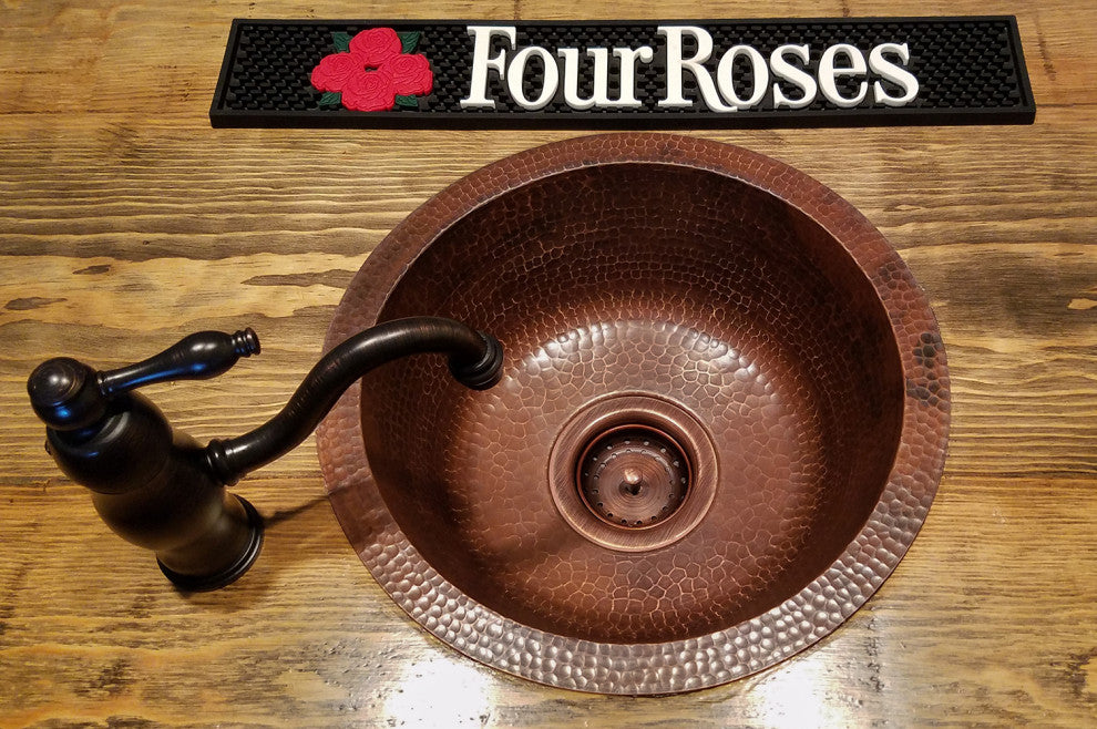 14" Round Hammered Copper Bar Sink With  2" Drain Size, Oil Rubbed Bronze, 3.5"
