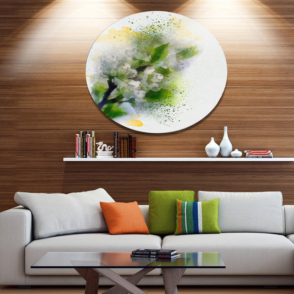 Cherry Branch With Leaves And Flowers, Flower Round Metal Wall Art, 23"