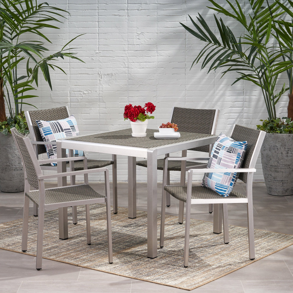 Bennington Patio 4-Seater Aluminum Dining Set With Tempered Glass Table Top, Polyethylene Wicker