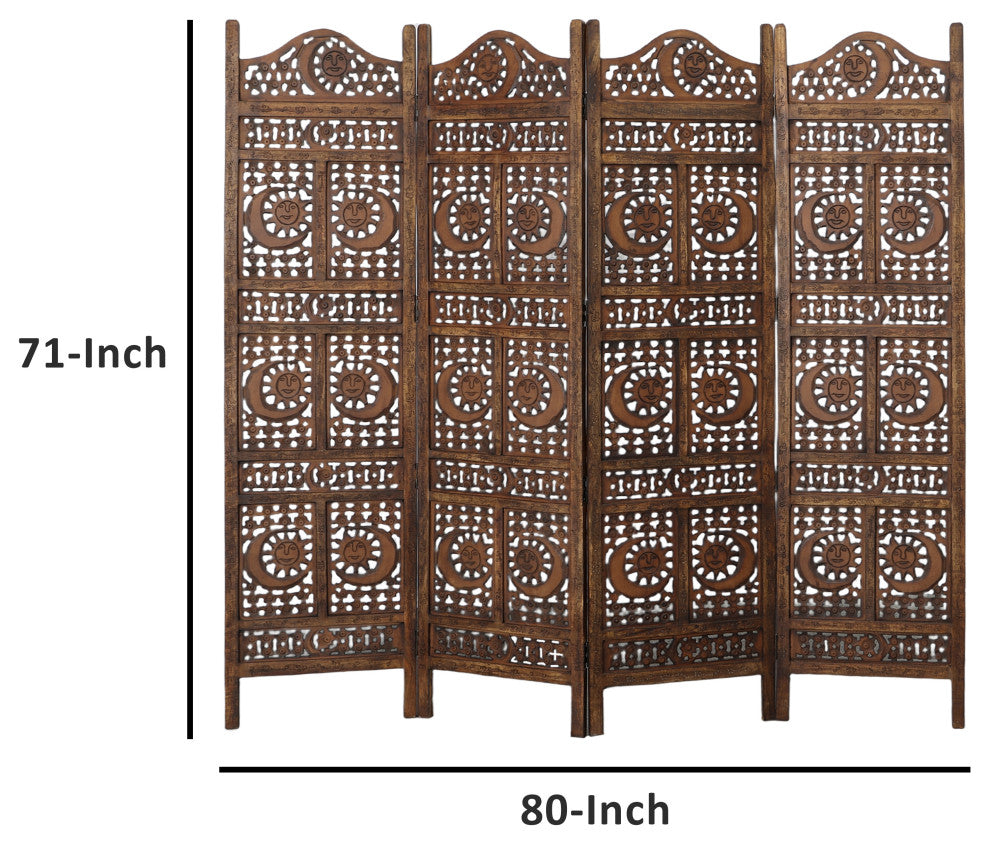 71" 4 Panel Mango Wood Room Divider Hand Carved Sun and Moon Design Brown