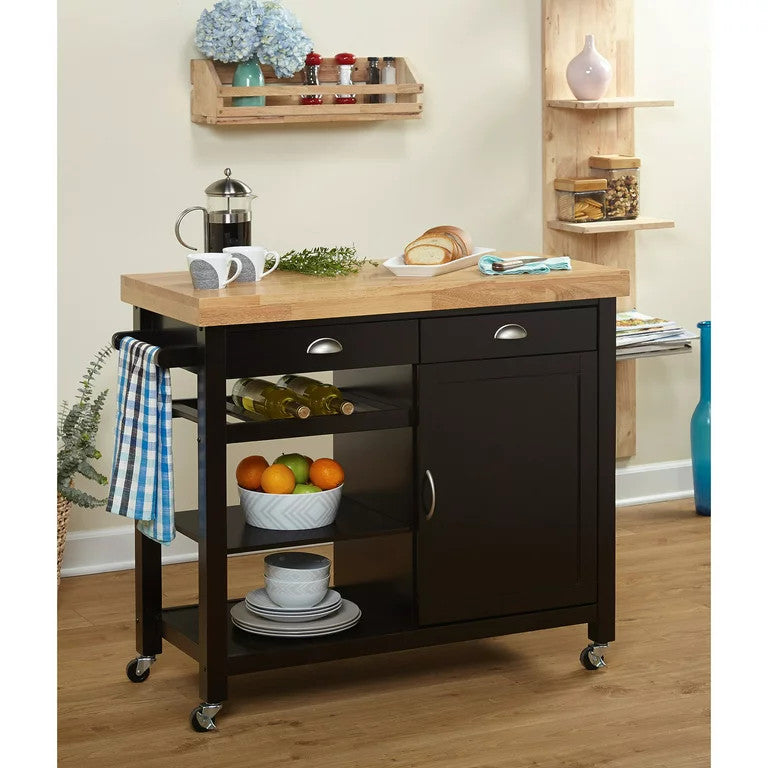 Modern Kitchen Cart, 3 Open Shelves & Storage Drawers With Natural Top, Wenge