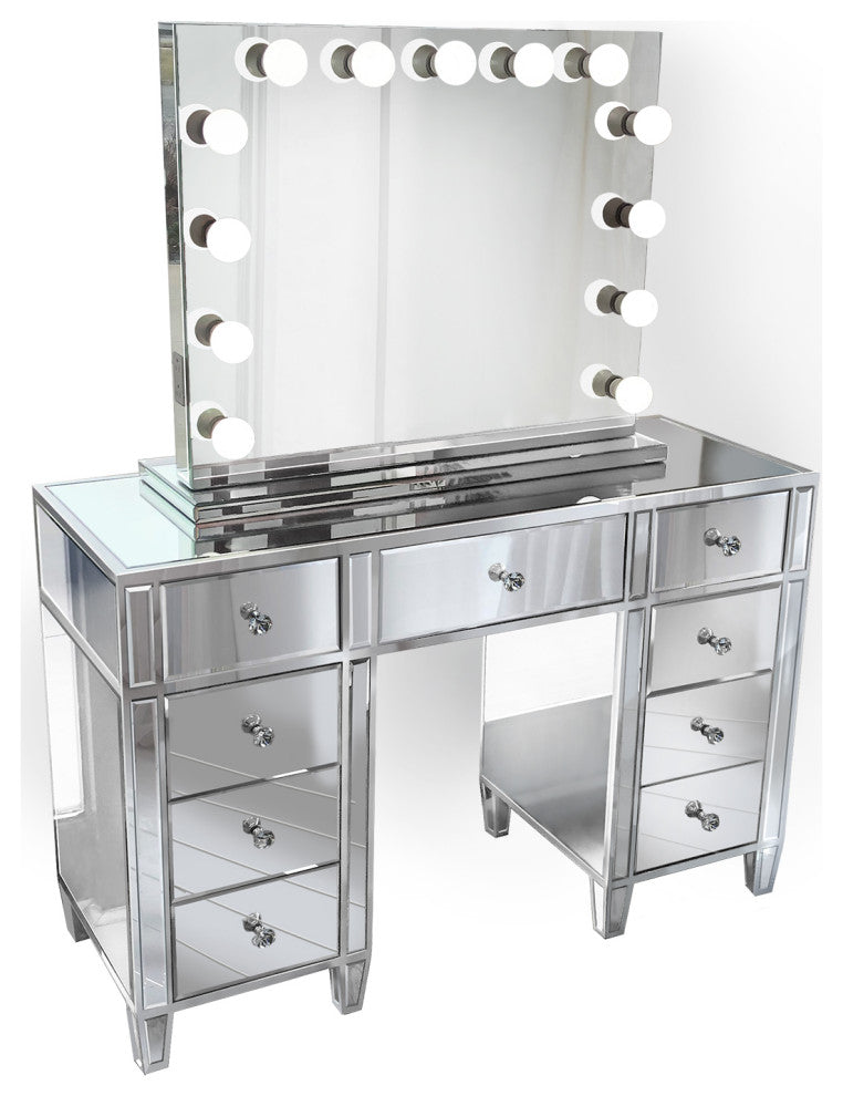 48" Mirrored Vanity Table MultiDrawer With LED  Dimmable Hollywood Mirror and Ch