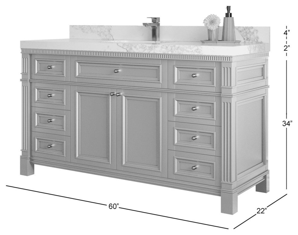 Paris 60" Single Sink Bathroom Vanity, Blue Heather 2" Empira Quartz