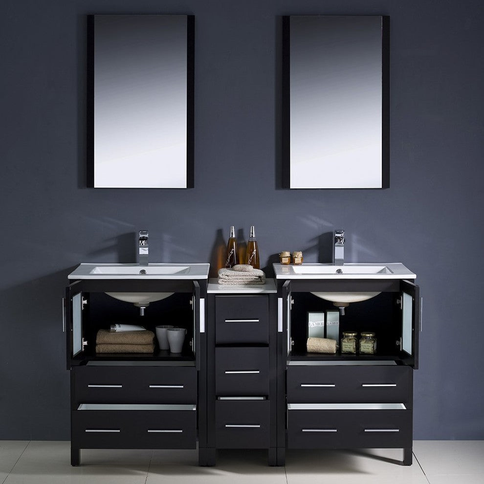 Torino 60" Espresso Modern Double Sink Bathroom Vanity, Faucet FFT3071BN