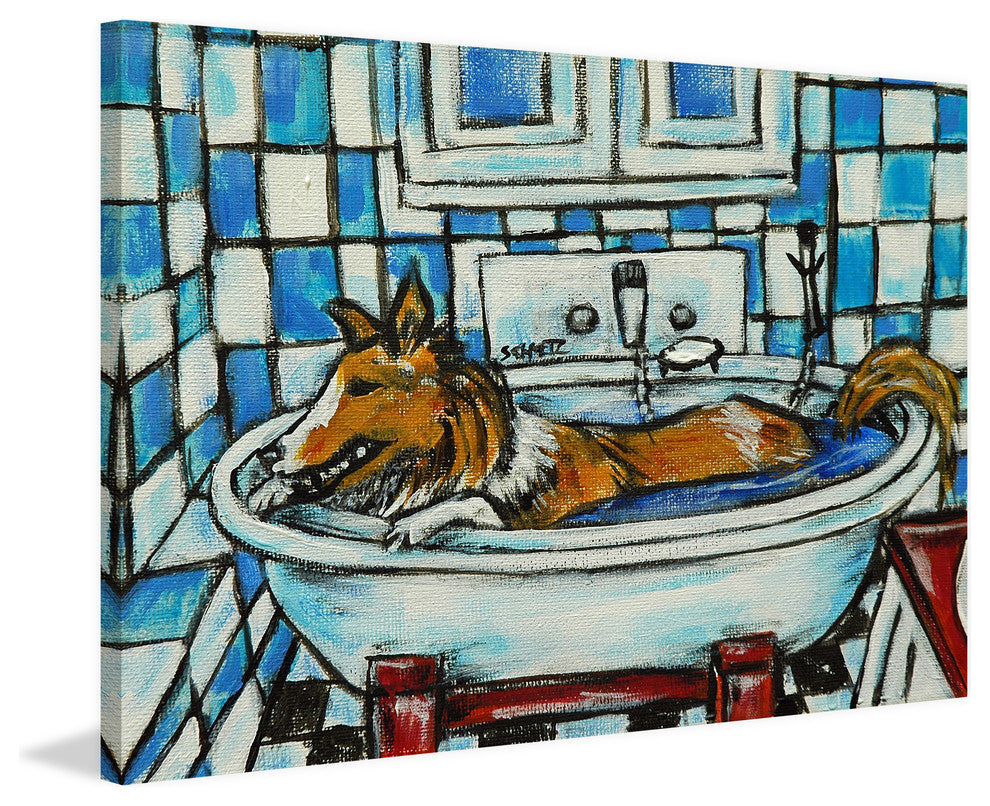 "Sheltie Bath" Painting Print on Wrapped Canvas, 18"x12"
