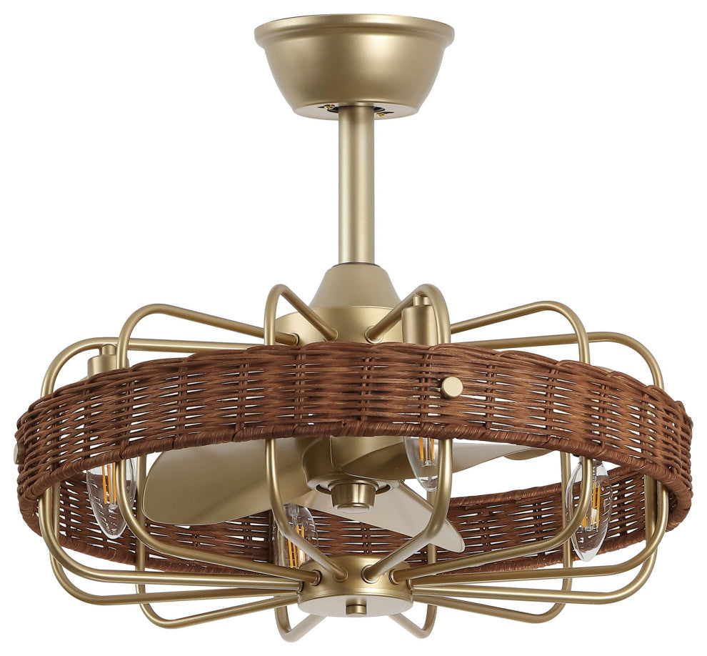 GetLedel 18" Rattan Ceiling Fan With Remote and Light, Gold/Walnut
