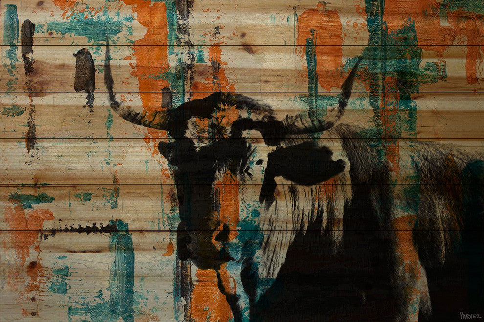 "Orange Teal Steer" Painting Print on Natural Pine Wood, 36"x24"