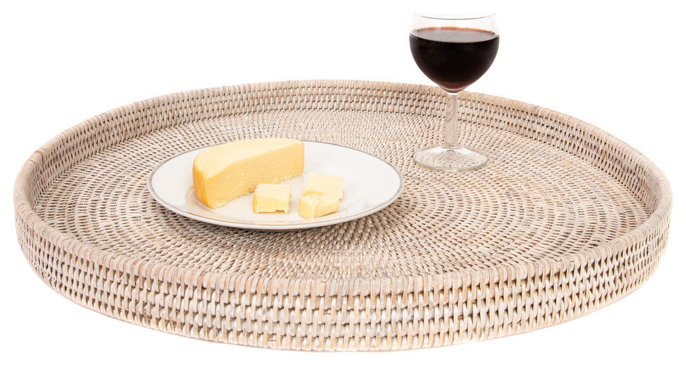 Artifacts Rattan™ Round Serving / Ottoman Tray, White Wash, Medium