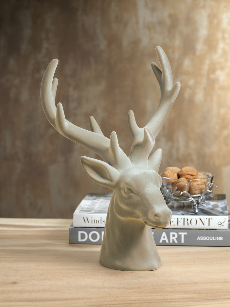 Flocked Stag Head Figurine Statue, Cream