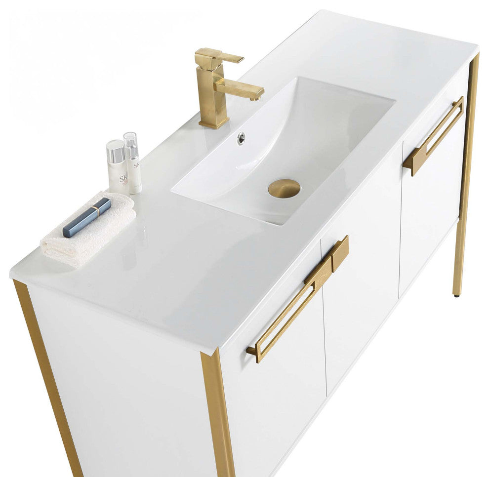 Oakville Bath Vanity, Ceramic Sink, White Matte, 48 Inch, Satin Brass Hardware