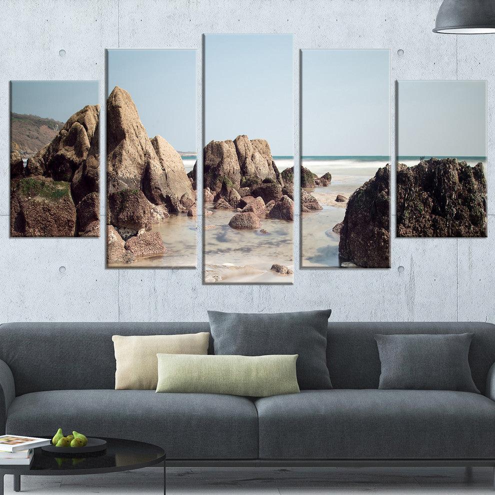 "Large Rocks At Coast Panorama" Seashore Wall Art, 5 Panels, 60"x32"