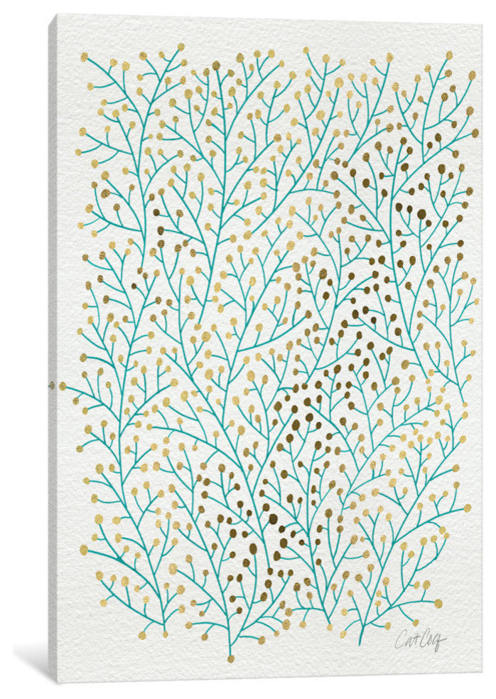 "Berry Branches Gold Turquoise Artprint" by Cat Coquillette, 40x26x1.5