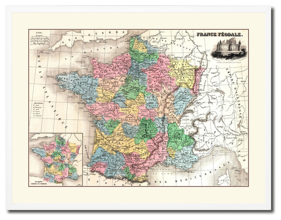 Midlevel France Crusades Old Map Print On Canvas With Picture Frame 28" X 37"
