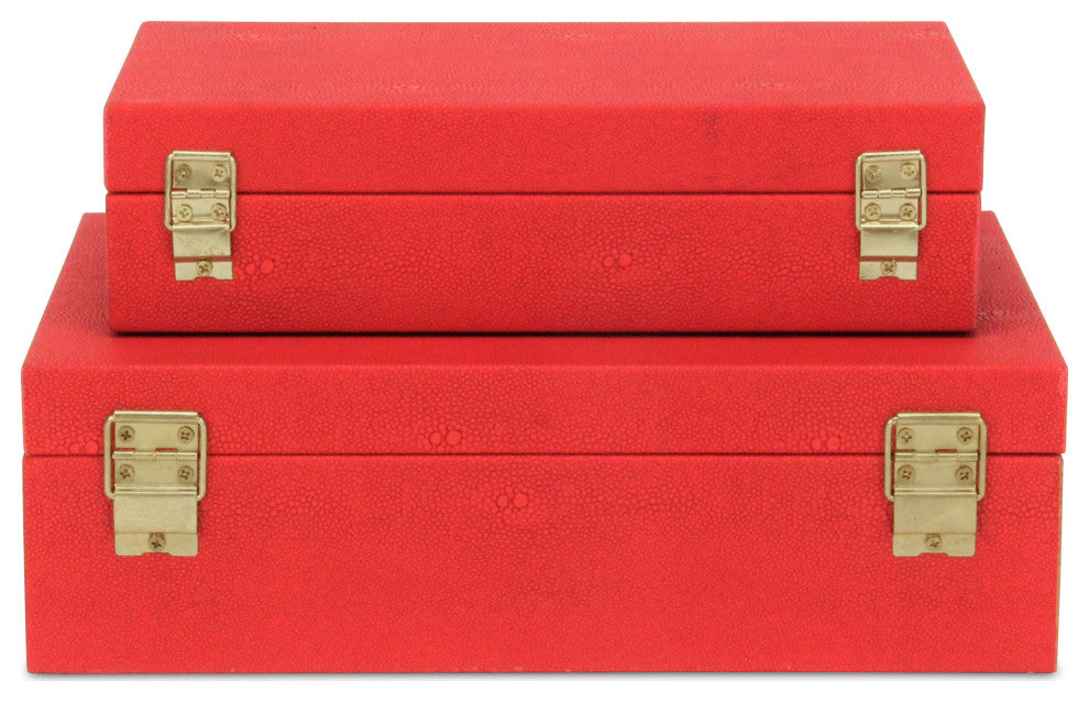 Lusan Rectangular Decorative Box Set, Red Faux Shagreen