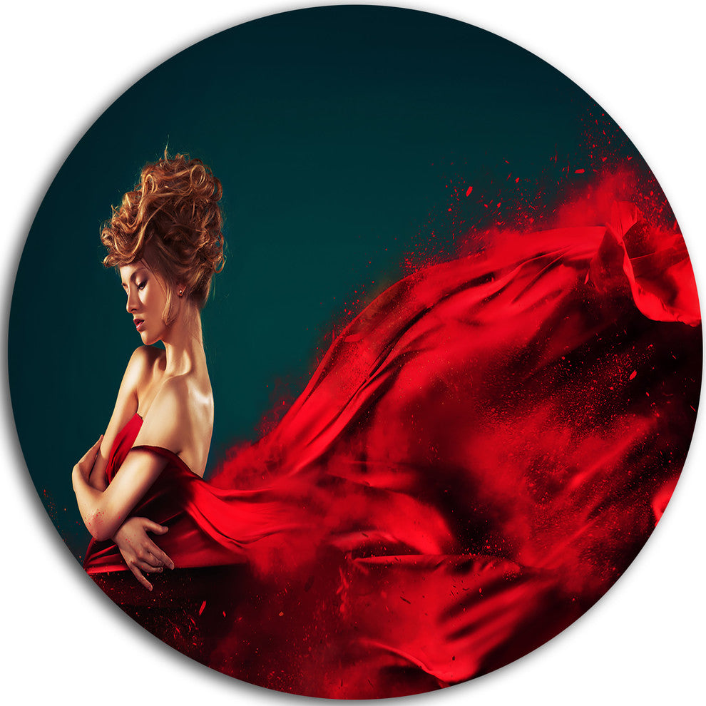 Woman In Flying Red Dress, Portrait Digital Round Metal Wall Art, 38"