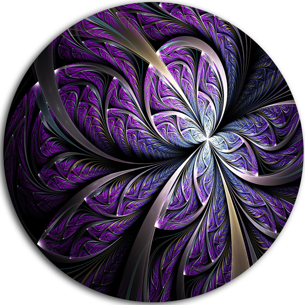 Glittering Purple Fractal Flower, Floral Round Metal Wall Art, 23"