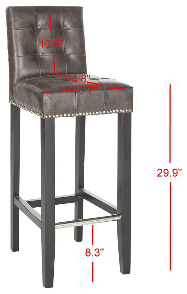 Contemporary Bar Stool, Birch Base With Tufted Seat and Nailhead, Antique Brown/