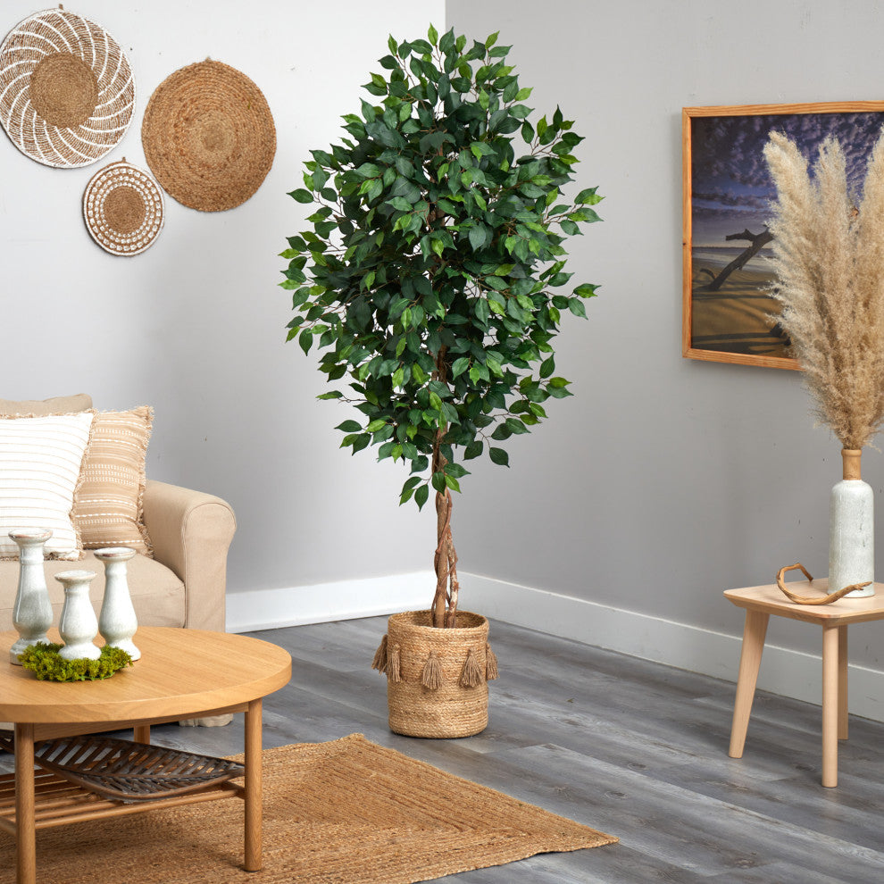 6' Ficus Faux Tree With Natural Trunk, Handmade Natural Jute Planter W/ Tassels