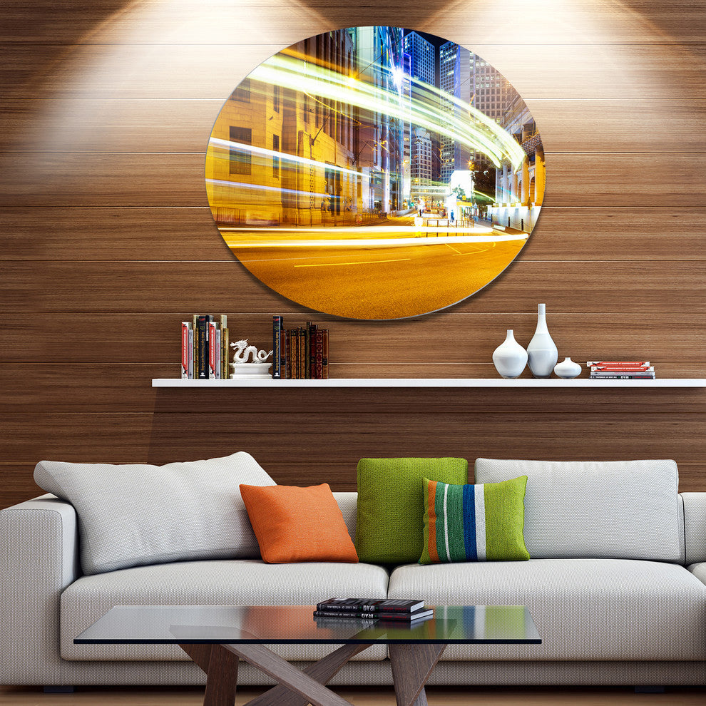 Blur Motion Traffic Trail In City, Cityscape Disc Metal Wall Art, 11"