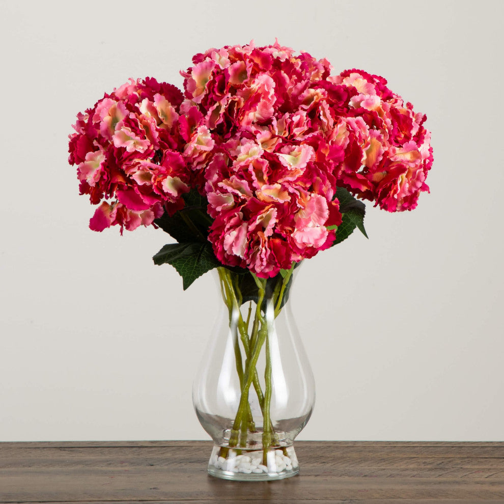 20" Artificial Hydrangea Arrangement, Glass Vase, Pink