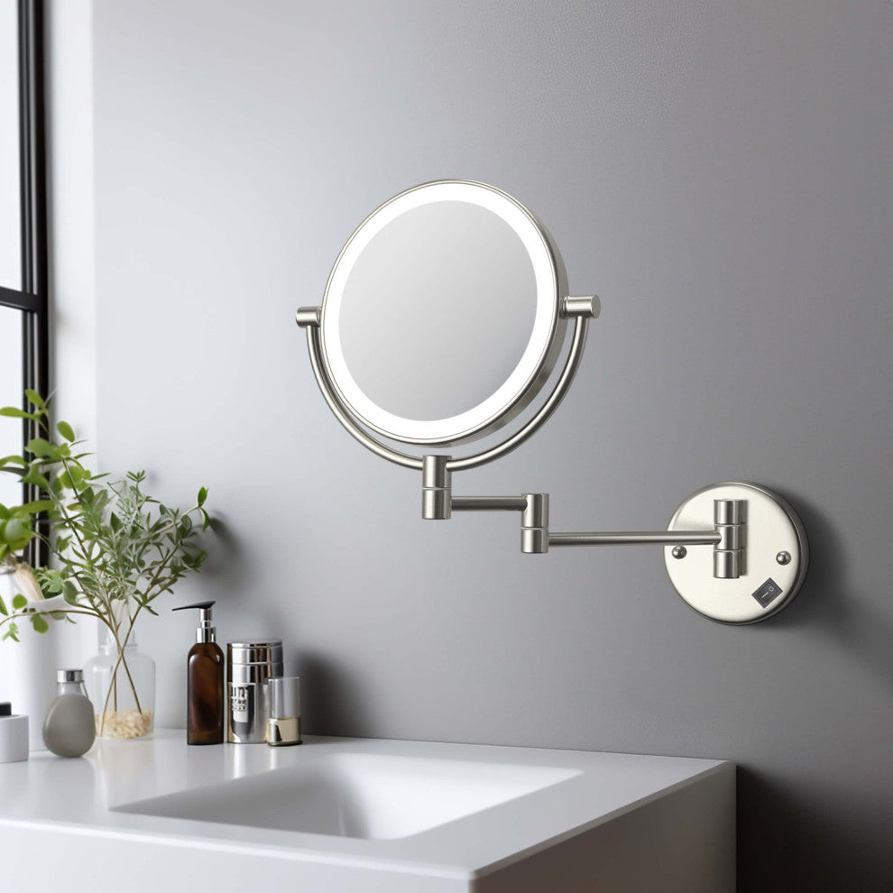 Circular LED Wall Mount Magnifying Make Up Mirror, Brushed Nickel