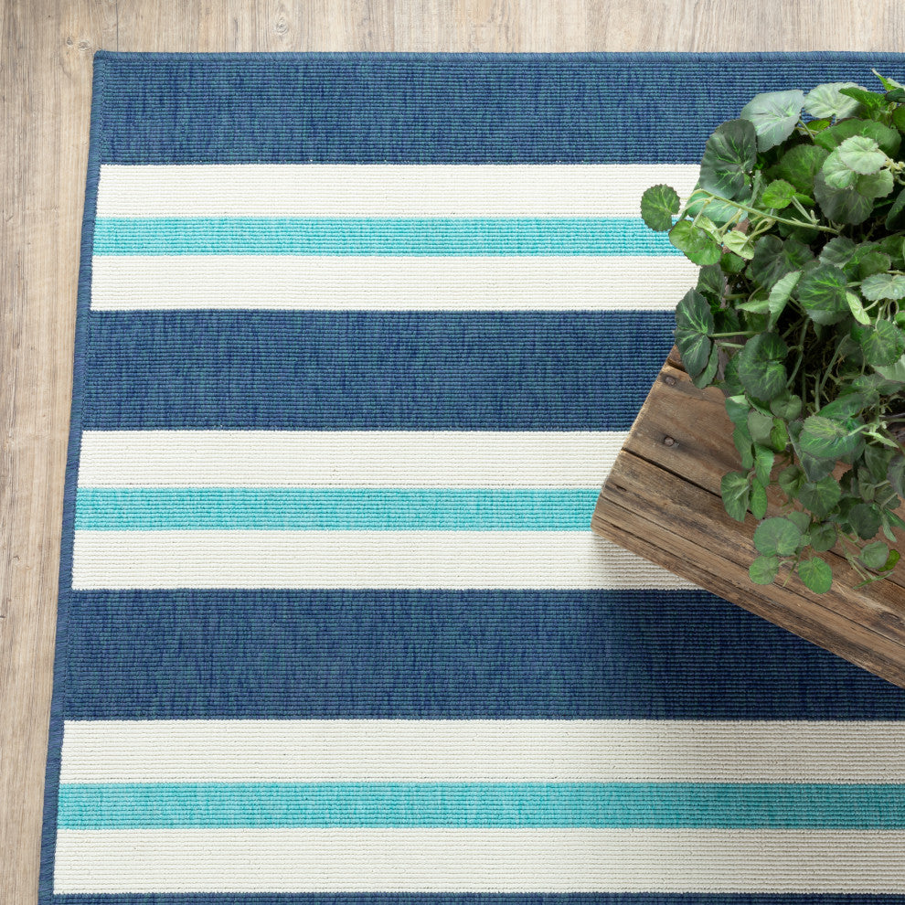 Madelina Stripe Blue and Ivory Indoor or Outdoor Area Rug, 8'6"x13'