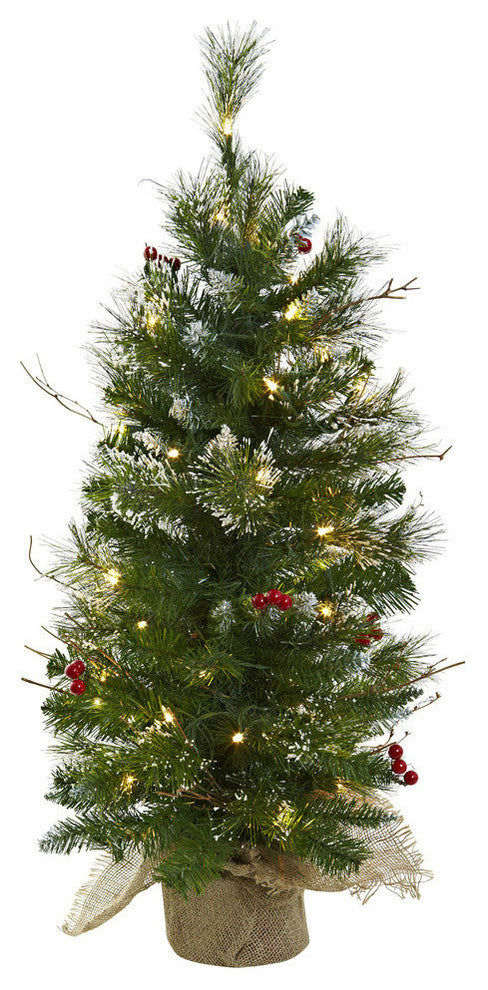 3' Christmas Tree With Clear Lights Berries and Burlap Bag