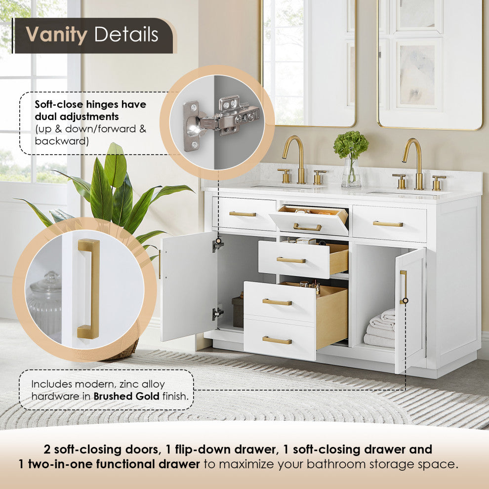 Gavino Vanity With Grain White Composite Stone Top, White/Brushed Gold, 54", No Mirror