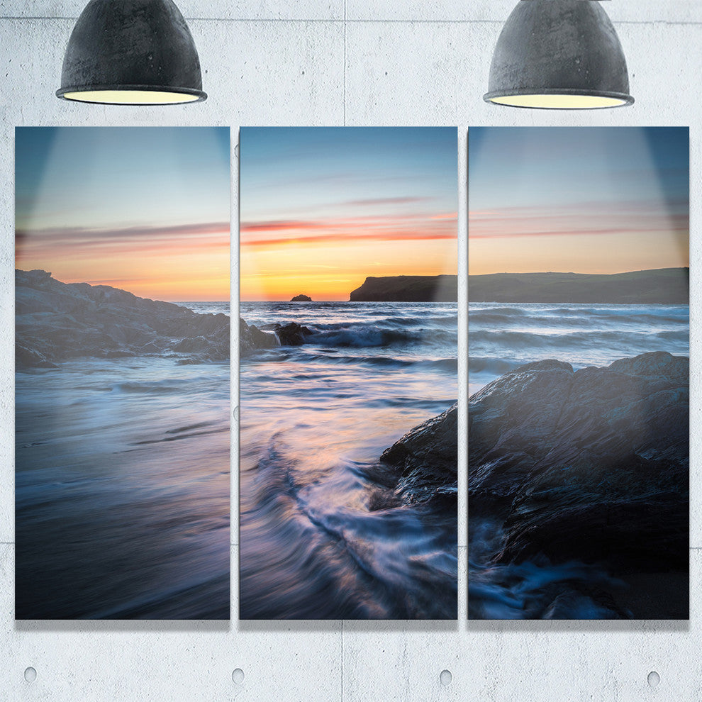 "Setting Sun at Polzeath Beach" Metal Wall Art, 3 Panels, 36"x28"