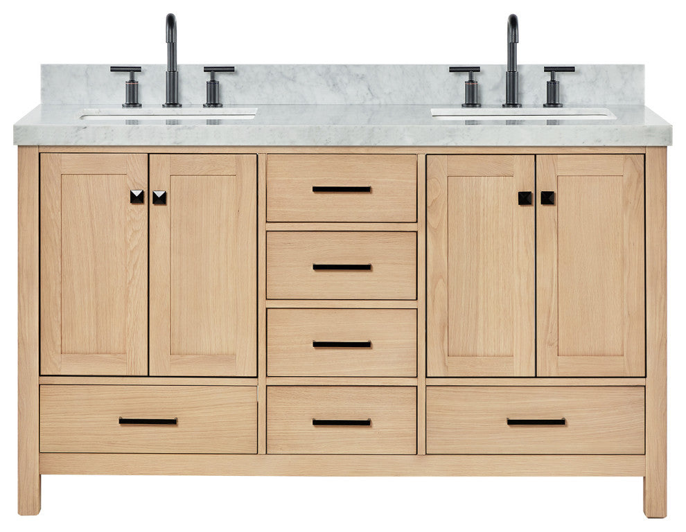 Cambridge 60" Double Bath Vanity With Italian Carrara Marble Top, Oak