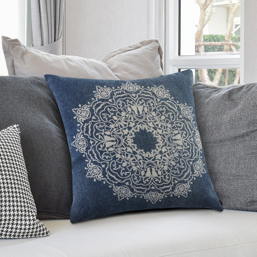 Intricate Medallion Cotton Throw Pillow, Navy
