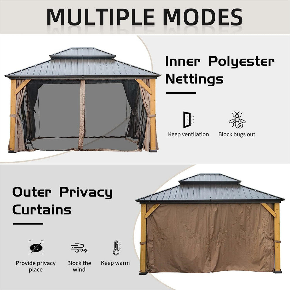 Cedar Wood Gazebo with Galvanized Steel Double Roof, 12'x14'