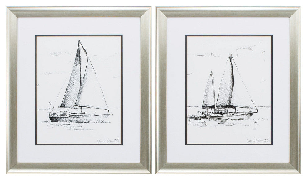 Coastal Boat Sketch Framed Art, 2-Piece Set
