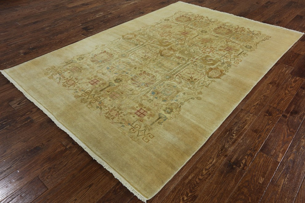Oushak Style Ivory Hand-Knotted Chobi Peshawar Oriental Wool Rug, 6'x9'