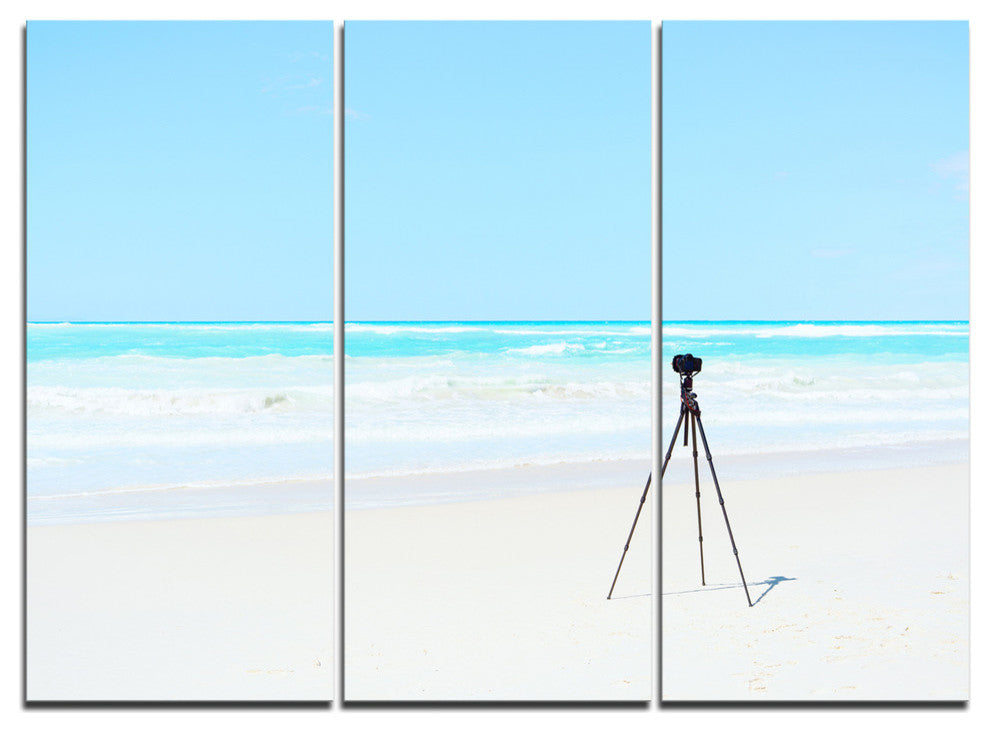 "Digital Camera and Tripod on Beach" Metal Wall Art, 3 Panels, 36"x28"